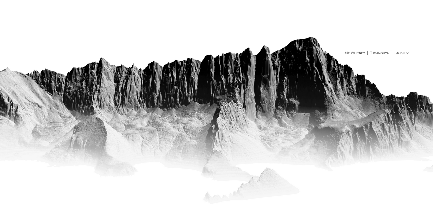 Black and white landscape art print depicting the rugged mountain peaks of Mount Tsumedali in Kyrgyzstan, with fine text in the upper right corner.