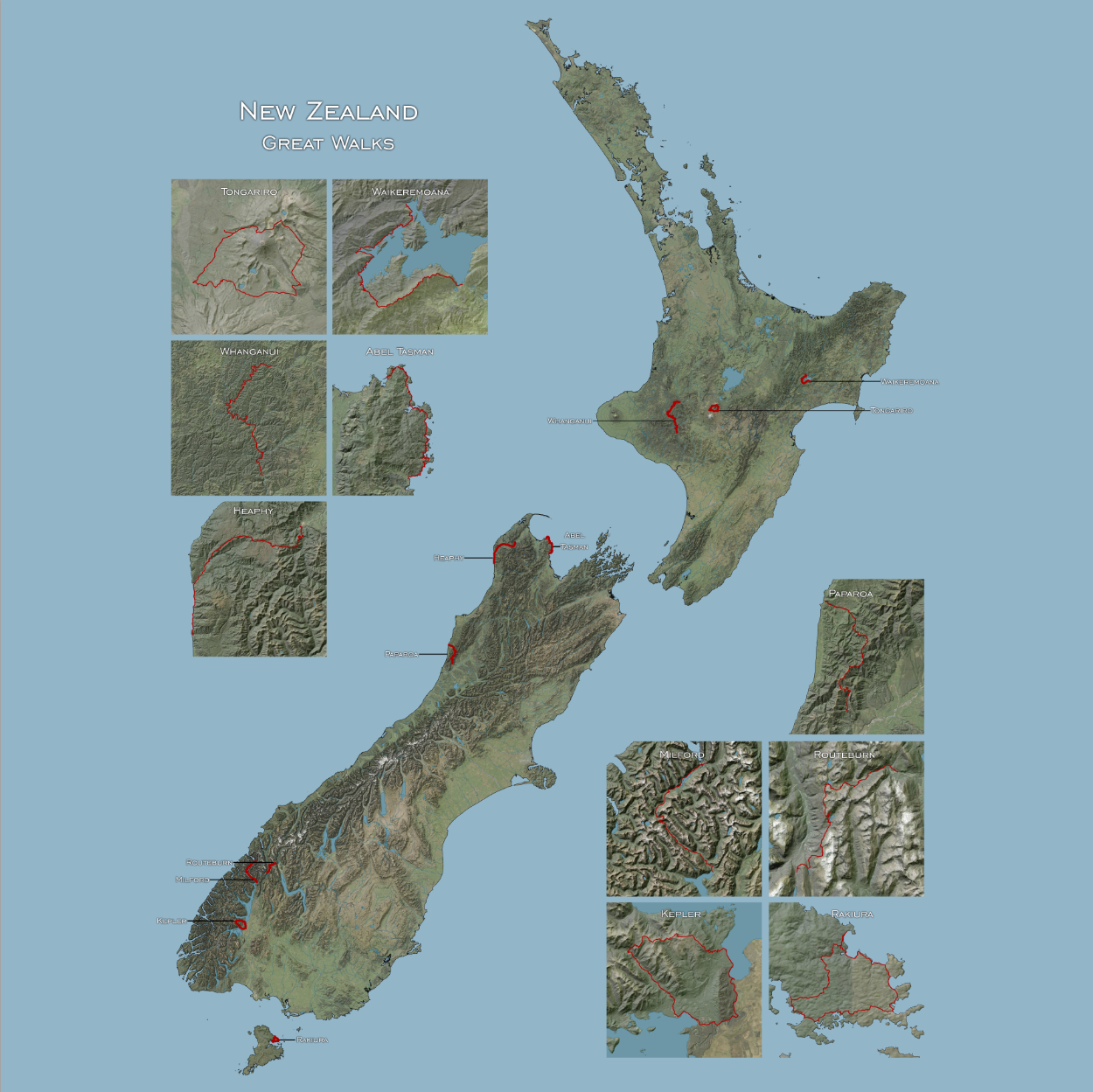 Map of New Zealand with Great Walks routes on a light blue background